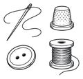 Line art sewing supplies set featuring a needle with thread, thimble, button, and spool for crafting projects Royalty Free Stock Photo