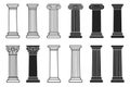 Line art and silhouette architectural column set featuring classical doric, ionic, and corinthian styles for historical Royalty Free Stock Photo