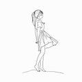 Line art silhouette of the school girl standing barefoot on the stone