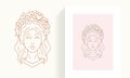 Line art simple minimalist female with flowers head portrait pastel color border set icon vector