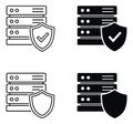 Line art and solid icon set featuring server racks and security shields, some with checkmarks for data protection and network Royalty Free Stock Photo