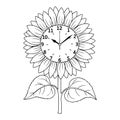 Line art of a sunflower clock with leaves and stem design Royalty Free Stock Photo