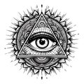 Line Art Tattoo Style Eye of Providence Illustration, All Seeing Eye Pyramid Symbol, Generative AI