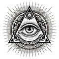 Line Art Tattoo Style Eye of Providence Illustration, All Seeing Eye Pyramid Symbol, Generative AI