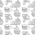 Line art tea cup standing on stack of books and hands holding mugs black and white seamless pattern. Cozy reading time Royalty Free Stock Photo