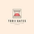 line art torii gate logo vector symbol with sunset illustration design, japanese culture design