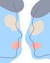 Line art two faces surreal abstract blue human face of men or women. Couple of people in profile with colored abstract spots on