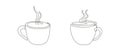 Line art of two hot cups with steam. Coffee or tea mugs. Continuous one line drawing. White backdrop. Design elements Royalty Free Stock Photo