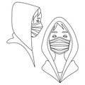 Line art with two people in hoodies and medical masks