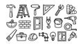 Line art vector icon set of construction and home renovation tools arranged in rows, hand drawn flat minimal black on white Royalty Free Stock Photo