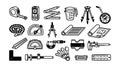 Line art vector icon set of measuring tools top view assorted tape measure caliper compass blueprint ruler protractor level Royalty Free Stock Photo