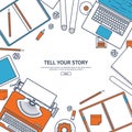 Line art.Vector illustration. Flat typewriter.Laptop. Tell your story. Author. Blogging.