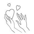 Line art vector illustration of love and compassion. Hands holding a heart black and white isolated on white background Royalty Free Stock Photo