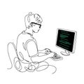 Programmer Working at Computer Line Art Vector Illustration