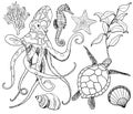 Line art vector set with octopus and underwater life. Hand painted seahorse, turtle, coral, starfish and shell isolated