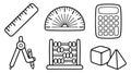 Line art vector set showing compass ruler protractor calculator abacus cube and pyramid top view educational icons black outline Royalty Free Stock Photo
