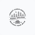 Line art vector of vintage log cabin and minimalist moon above pine forest good for cabin rental company logo, sticker and badge