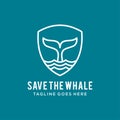 Line art whale and shield logo design vector template illustration. save the whales, save the ocean, whale protection symbol icon