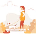 Line art woman character walking with cute dog. Girl walking in autumn park with her dog. Vector illustration in a flat style Royalty Free Stock Photo