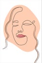 Line Art Woman Face Doodle Illustration closed eyes. Continuous Outline Close-up Female Portrait with Abstract Shape