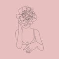 Line Art Woman face with flowers. Abstract minimal Female figure in a trendy linear style. Vector fashion illustration. Royalty Free Stock Photo