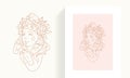 Line art woman portrait with blossom flower hairstyle bird touching face by hands artwork logo card