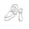 Line art woman with smile pointing watch on her wrist illustration vector hand drawn isolated on white background Royalty Free Stock Photo