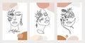 Line art women faces with flowers. Social media cover templates collection for posts, stories or banners