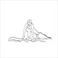 Line art young woman surfboarding on the sea illustration vector hand drawn isolated on white background Royalty Free Stock Photo