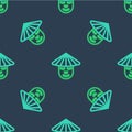 Line Asian or Chinese conical straw hat icon isolated seamless pattern on blue background. Chinese man. Vector