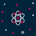 Line Atom icon isolated on blue background. Symbol of science, education, nuclear physics, scientific research. Colorful Royalty Free Stock Photo