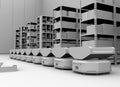 Line of Autonomous Mobile Robots in modern warehouse