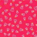 Line Badminton shuttlecock icon isolated seamless pattern on red background. Sport equipment. Vector Royalty Free Stock Photo