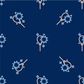 Line Balloons with ribbon icon isolated seamless pattern on blue background. Vector