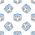 Line Battery with recycle symbol icon isolated seamless pattern on white background. Battery with recycling symbol - Royalty Free Stock Photo