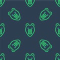 Line Bear head icon isolated seamless pattern on blue background. Vector