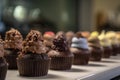 line of beautifully decorated chocolate cupcakes on display