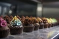 line of beautifully decorated chocolate cupcakes on display