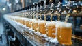 A line of beer being poured into glasses at a bar, AI Royalty Free Stock Photo