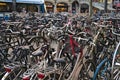 Line of bicycles parked on the street in Amsterdam, Netherlands Royalty Free Stock Photo