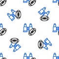 Line Binoculars and american football ball icon isolated seamless pattern on white background. Find software sign. Spy
