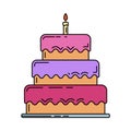 Line birthday cake, pie with candle icon. Happy birthday. Party celebration, holidays event, carnival party element icon