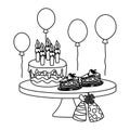 Line birthday party cakes with hats and balloons