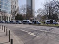 Line of blue police vans in frankfurt germany Royalty Free Stock Photo