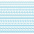 Line blue wave borders. Oceans or sea ripple seamless pattern. Linear waves, isolated simple water decorative symbols