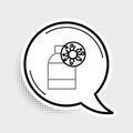 Line Bottle with virus and bacteria icon isolated on grey background. Analysis microorganism, research, diagnosis