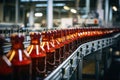 A line of bottles moves swiftly along a conveyor belt, showcasing an efficient and seamless production process, Process of