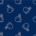 Line Bowling pin and ball icon isolated seamless pattern on blue background. Sport equipment. Vector Royalty Free Stock Photo