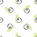 Line Bowling pin and ball icon isolated seamless pattern on white background. Sport equipment. Vector Royalty Free Stock Photo