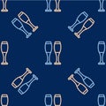 Line Bowling pin icon isolated seamless pattern on blue background. Juggling clubs, circus skittles. Vector